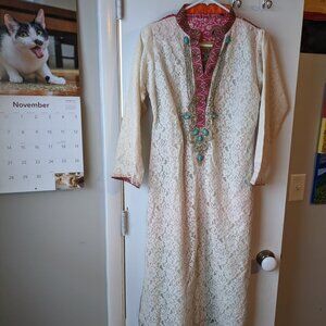 Ivory Lace Kurtas Indian Wedding Dress Tunic with Rhinestones & Turquoise